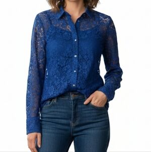 J.Crew Floral Lace Button Up Shirt Blue Size 12 Long Sleeve AU230